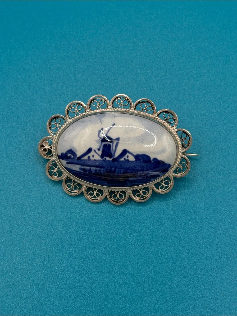 Vintage Blue Delft Holland (Signed) • Porcelain & Silver Filigree Brooch